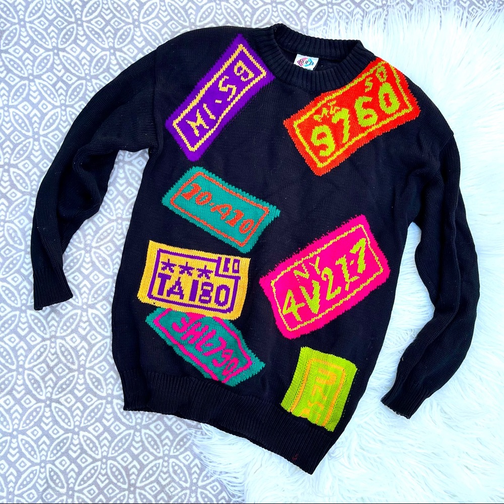 Vintage 90s Sweater Colorful License Plate Design BOER Mexico M/L